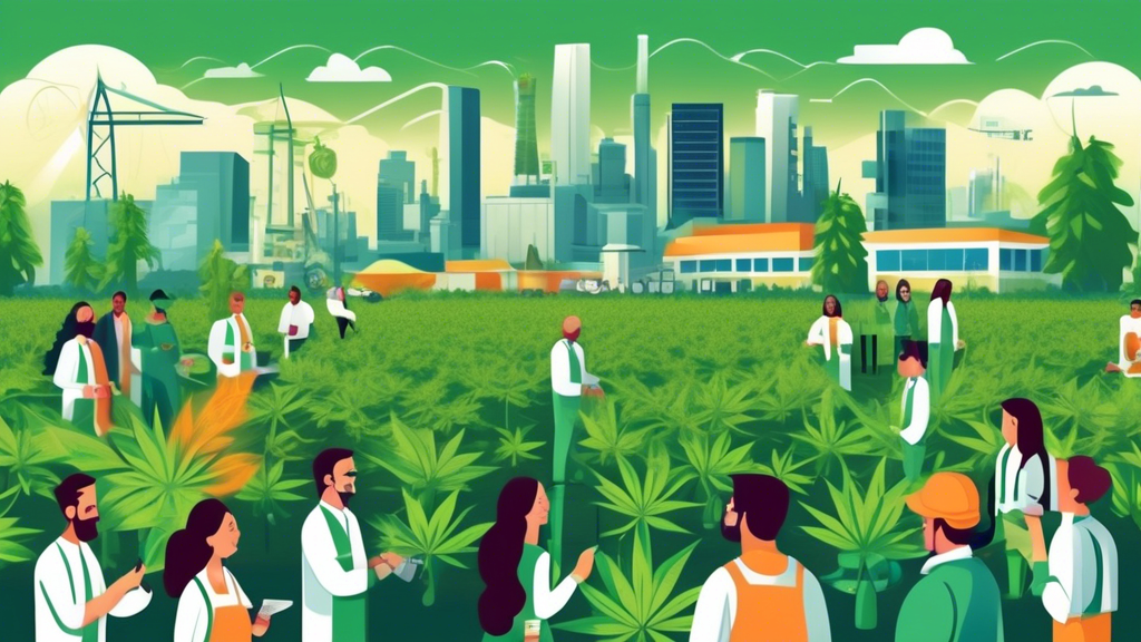 Create an illustration showing a booming job market connected to the cannabis industry, with various professionals like farmers, scientists, lab technicians, pharmacists, and retail staff working in t