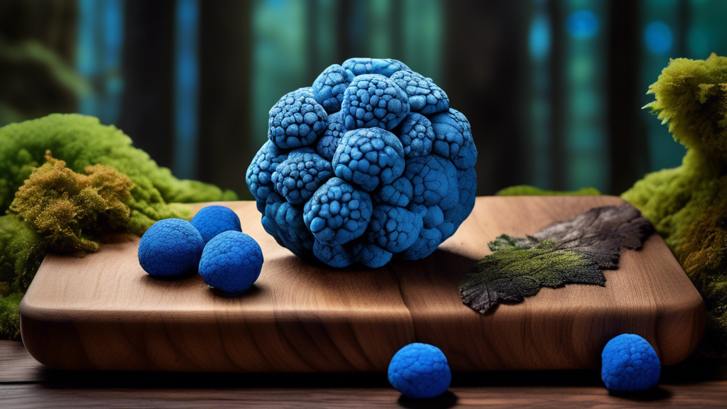 Create an image of an exquisite blue truffle variety displayed on a wooden cutting board with a background of a lush forest floor. The blue truffles should have a unique, vibrant blue hue, with intric