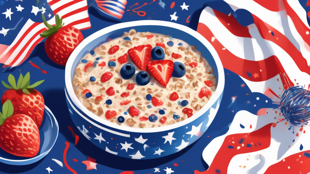 Illustration of a festive Fourth of July breakfast table featuring a bowl of colorful, freshly-prepared overnight oats infused with Strawberry Cough cannabis. The oats are topped with a generous mix o