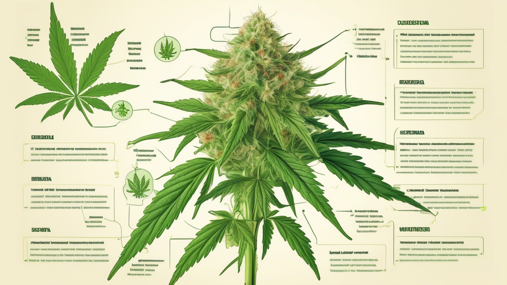 Create a detailed and informative illustration of a beginner's guide to marijuana flower. The image should include a labeled diagram of a cannabis plant, highlighting key parts such as the buds, leave