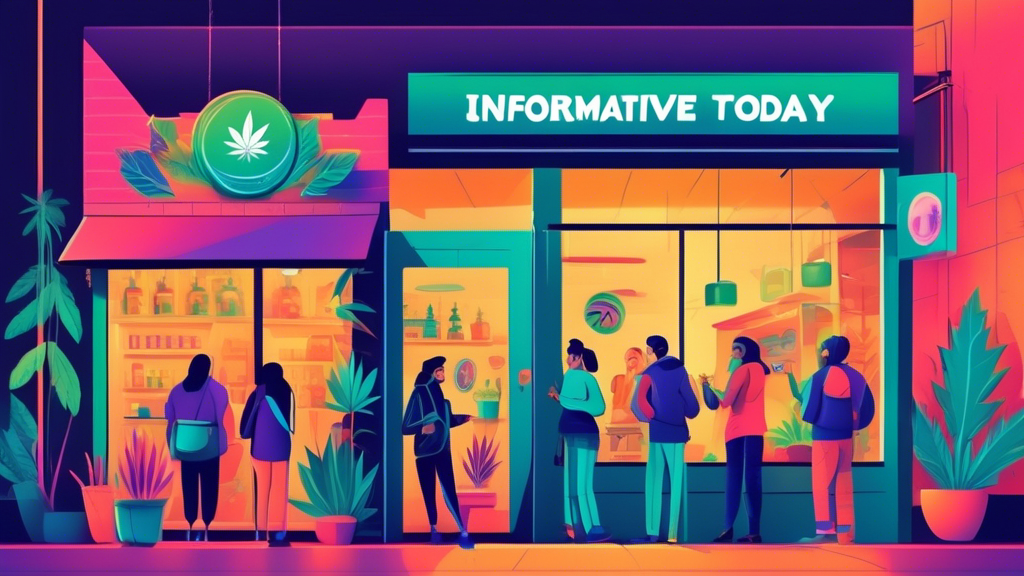 Illustration of a welcoming cannabis dispensary storefront with a diverse group of people exploring various products inside, under a bright sign saying 'Informative Tour Today!'