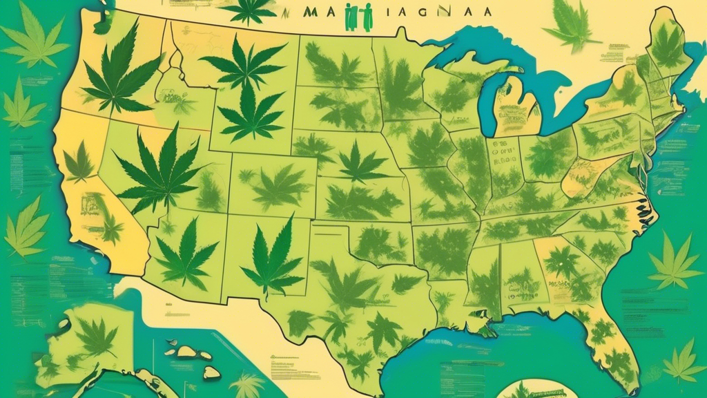 Create a detailed, aesthetically pleasing map highlighting the regions where recreational marijuana has been legalized. Use vibrant colors to differentiate between states or countries that have legali