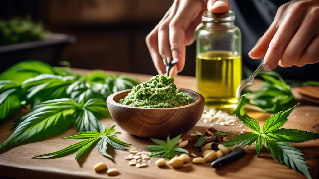 Create an appetizing and vibrant image of a kitchen scene where a chef is preparing a cannabis-infused pesto recipe. Include fresh green basil leaves, a small bowl with cannabis leaves, pine nuts, gar