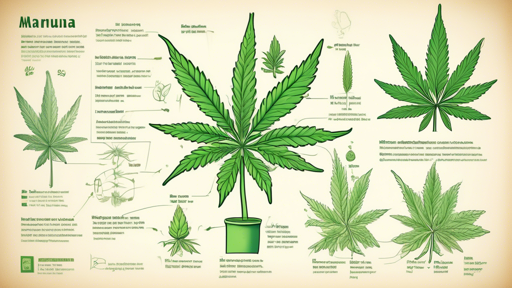 Create a detailed instructional illustration that shows a step-by-step guide on how to draw a marijuana plant. Each step should be clearly labeled and visually distinct, showcasing the progression fro