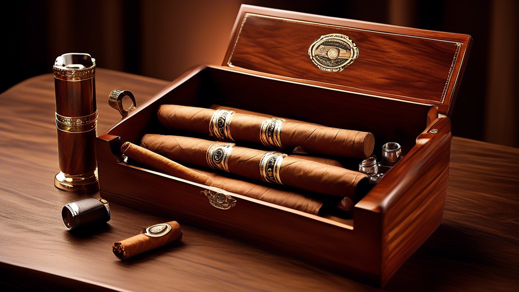 Create an image showing luxurious cigar caddy tubes elegantly displayed on a wooden table. The tubes should be made of high-quality materials like leather or polished metal, with intricate detailing. 