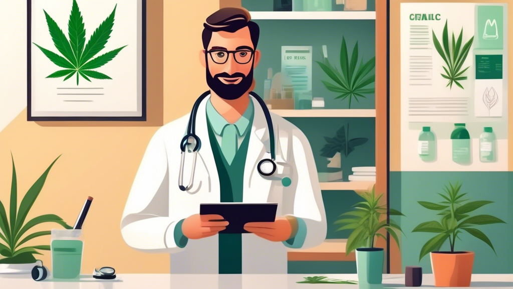 Create an illustrative scene of a friendly, professional-looking medical doctor in a modern clinic setting, engaging with a patient. The doctor should be holding a clipboard with a cannabis leaf symbo