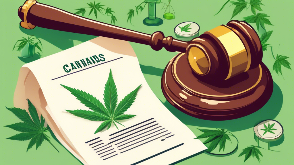 Create an image depicting a serene government office scene with a prominent gavel, surrounded by paperwork labeled Minor Cannabis Offenses. In the background, show scales of justice balancing fresh, g