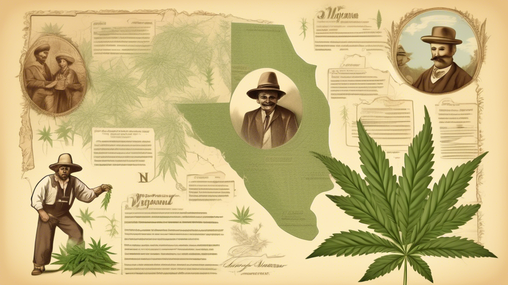 Create an illustration that captures the historical journey of the word marijuana. The scene should include a combination of visual elements representing various cultures: Mexican farmers in tradition