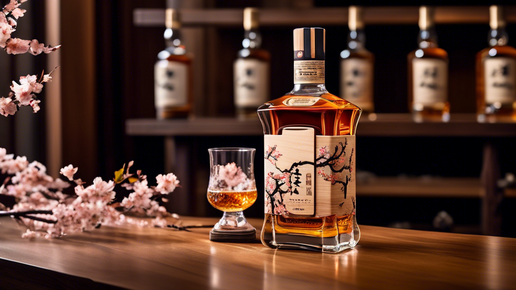 Create a detailed image of a premium whiskey bottle from 'Diesel Whiskey Row Founder’s Collection Mizunara Edition,' elegantly presented on a wooden bar counter. The bottle features intricate, classic