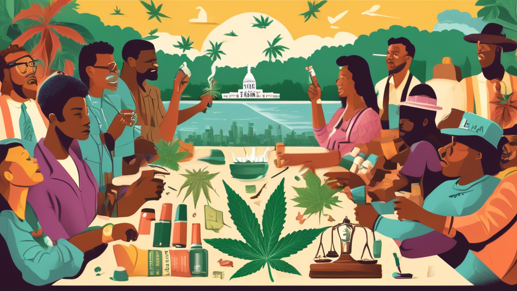 Create an image illustrating the impact of the new law in Louisiana decriminalizing marijuana paraphernalia possession. Show a diverse group of people in a relaxed environment, symbolizing relief and 