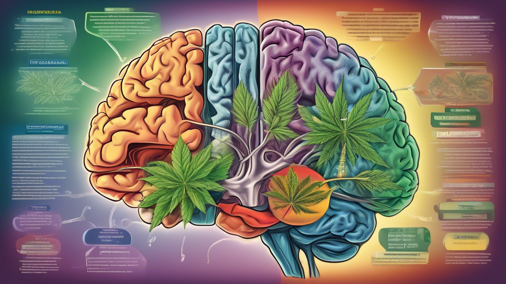 A detailed, informative illustration showing a human brain divided into sections with labels, depicting the areas affected by Marijuana Use Disorder, overlaid with a transparent, open DSM-5 manual. Th