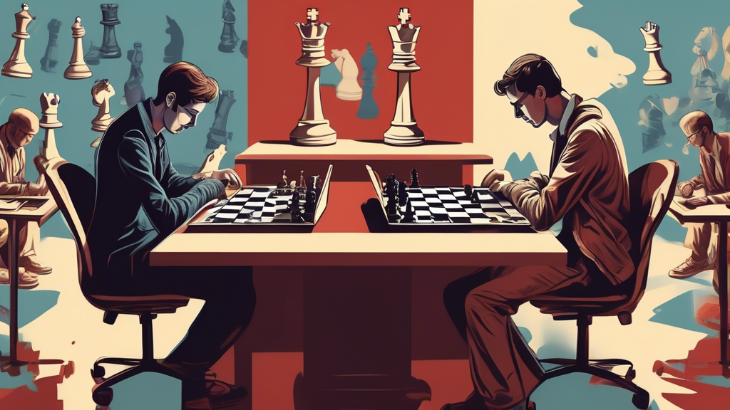 Create an illustration depicting two contrasting scenarios: on one side, a tense competitive scene at the CSWC (Chess Speedwriting Championship) with participants intensely focused on their laptops an