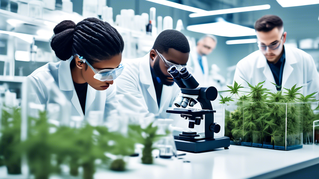 Create an image of a diverse group of professional quality control testers in a modern laboratory setting. They are examining various marijuana samples under microscopes, using lab equipment, and taki