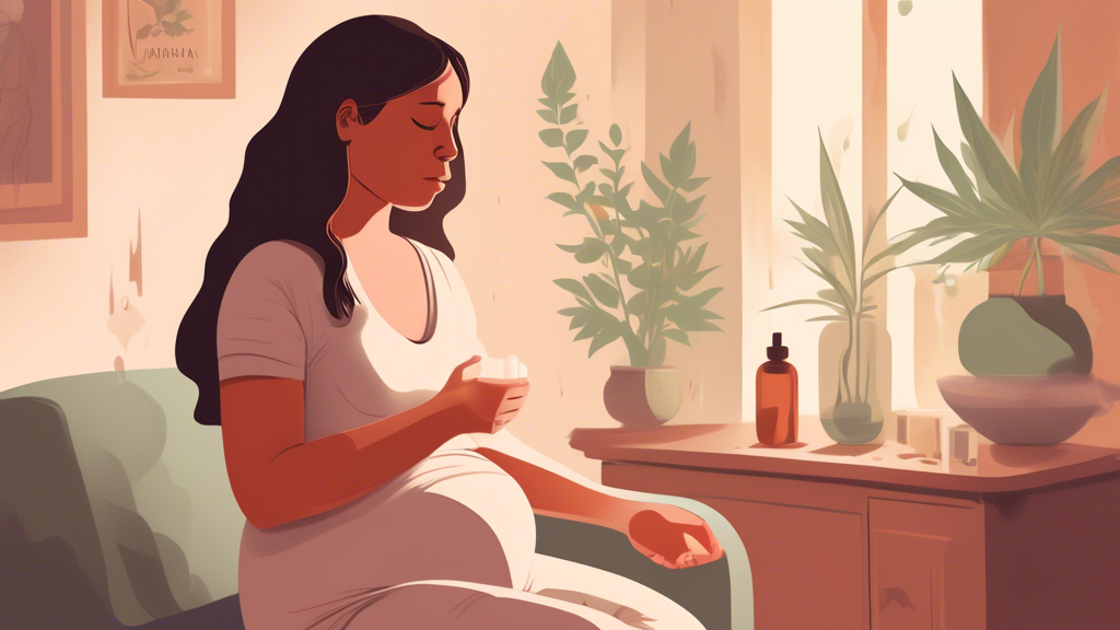 A detailed, empathetic illustration depicting a worried pregnant woman in a serene, home environment holding a prescription bottle labeled 'Marijuana'. In the background, there's a subtle, translucent