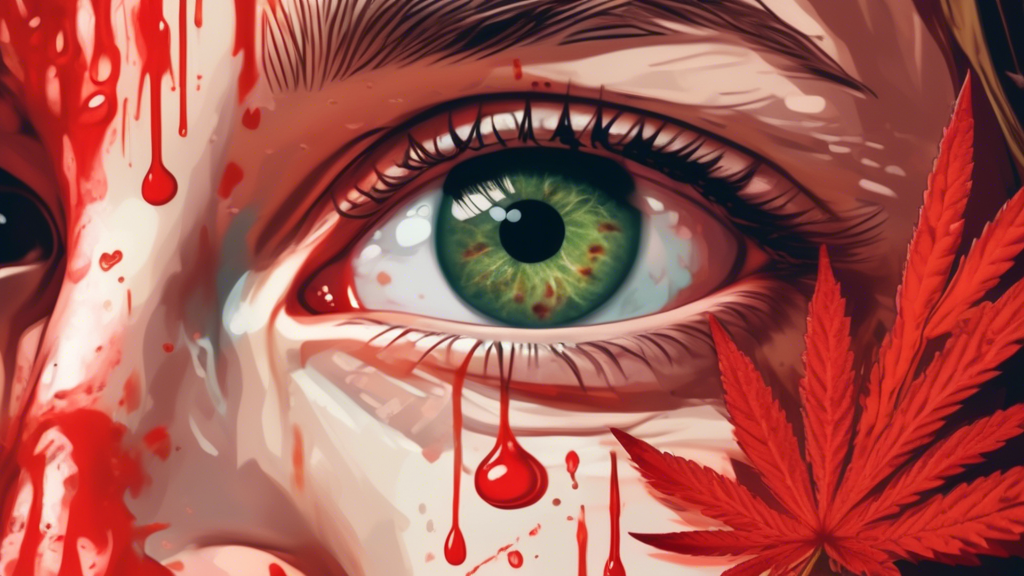 Create an illustration of a person with red, bloodshot eyes, indicating the effects of marijuana use. Show a close-up of the eyes, with a soft-focus background that includes elements such as cannabis 