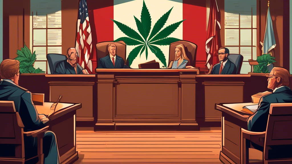 Create an illustration of a courtroom in Alabama with a judge and legal professionals discussing a 2nd degree marijuana charge. Include visual elements such as a podium with legal documents, a gavel, 