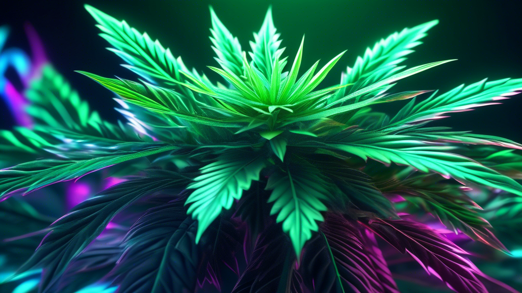 Create a stunning 3D digital illustration of a marijuana plant with lush, vibrant green leaves and intricate details. The background should be a futuristic, high-tech setting with sleek, holographic e