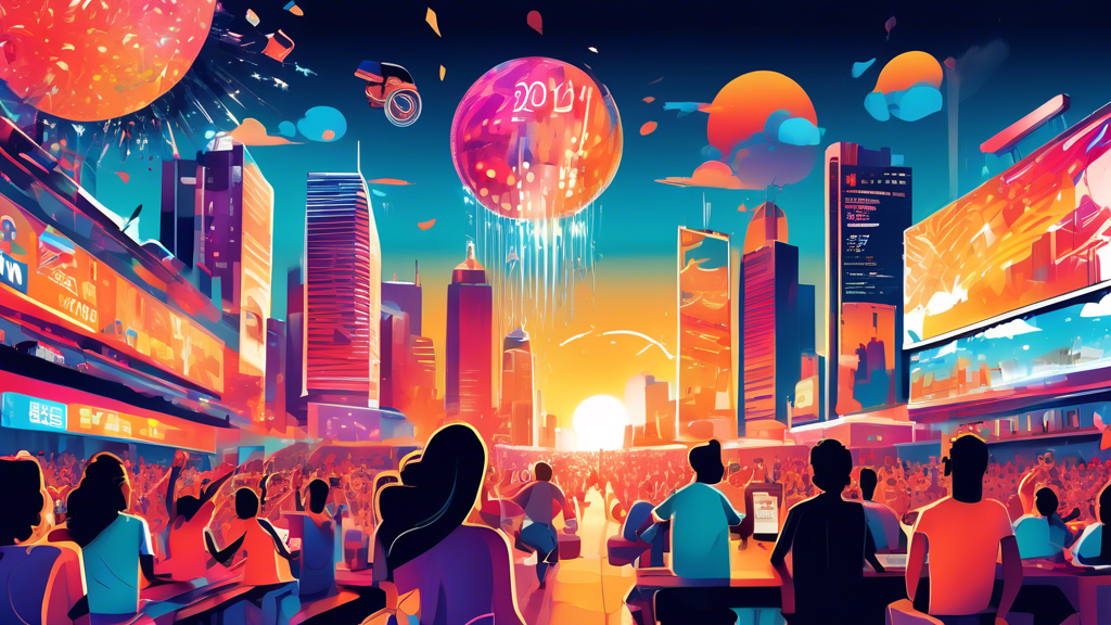 Create an illustration for Today's Highlights: July 1, 2024 that features a bustling cityscape with digital billboards showing news headlines, people enjoying summer activities like picnics and firewo