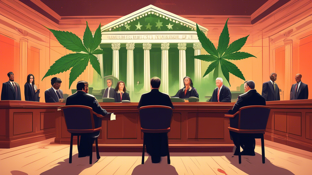 Create an image of a solemn courtroom scene inside the United States Supreme Court, featuring justices deliberating with a backdrop that subtly includes symbols of cannabis leaves and firearms.