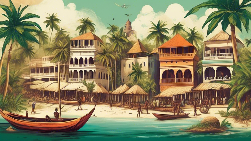 Create a vibrant, culturally rich illustration that showcases the traditional and modern aspects of Zanzibar while subtly incorporating elements related to marijuana use. Include iconic Zanzibar archi