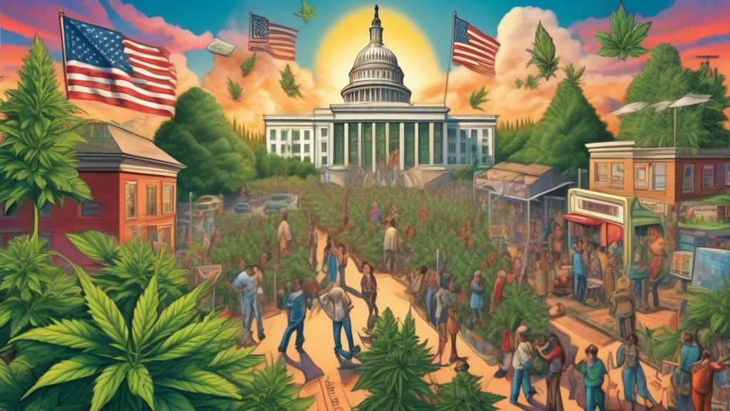 Create an image depicting the future of marijuana legalization in the United States, showcasing a balanced mix of urban and rural landscapes. Include symbols of federal approval, such as legal documen