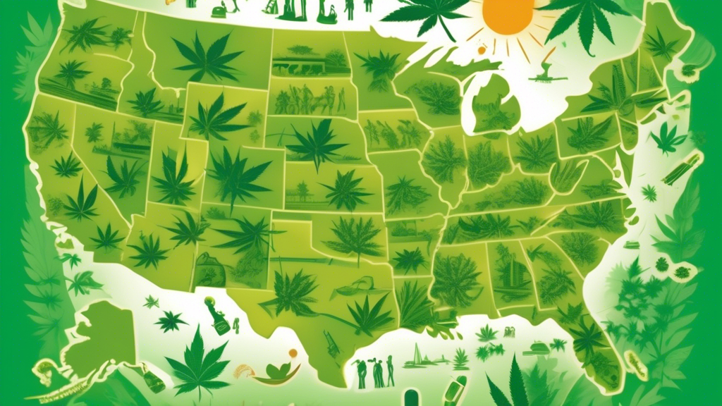 An illustrative map of the United States with states in various stages of marijuana legalization depicted in different shades of green, showcasing a gradient from fully legalized to fully illegal. In 