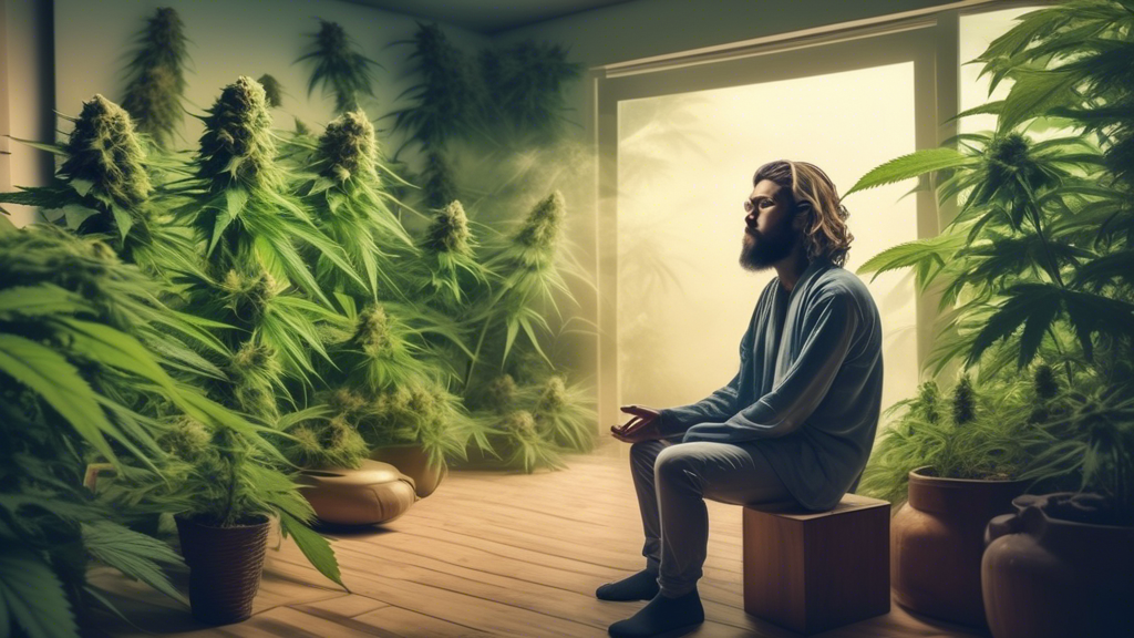 Create a visually striking image that delves into the concept of using marijuana as a treatment for PTSD. The setting is a serene, peaceful environment, such as a tranquil garden or a calming indoor s