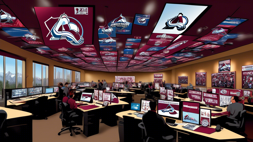 Create an image of a Colorado Avalanche draft room filled with vibrant team banners and memorabilia. Team scouts are intensely evaluating player profiles displayed on large monitors, focusing on the s