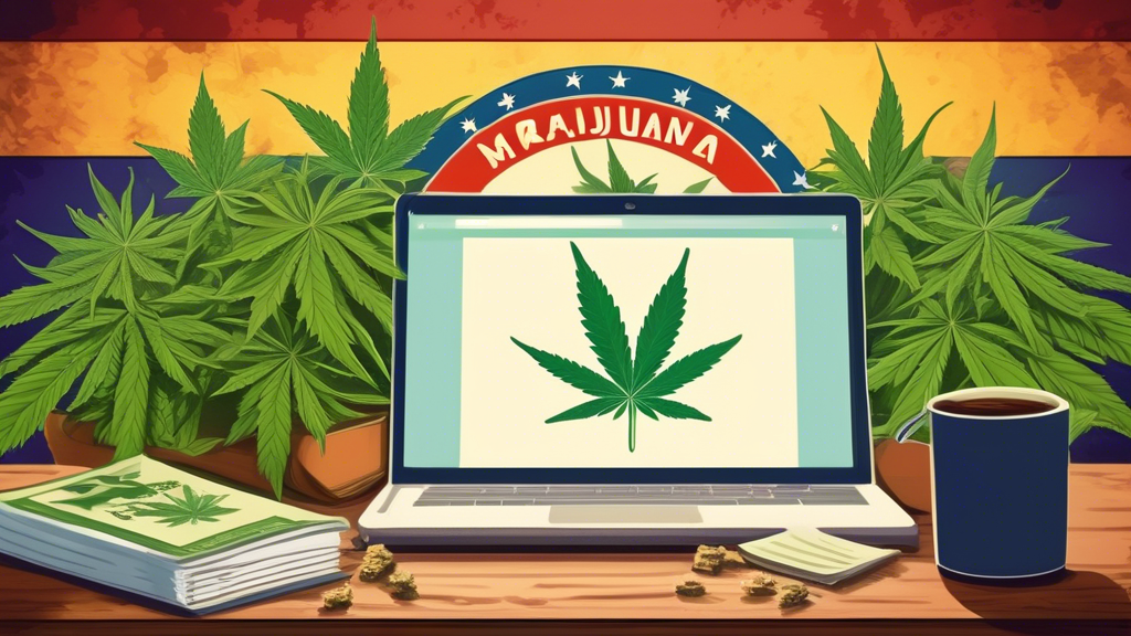 Create an image that depicts a legal book titled Marijuana RCWs in Washington State open on a wooden desk, surrounded by cannabis leaves, a laptop displaying legal documents, and a Washington State fl