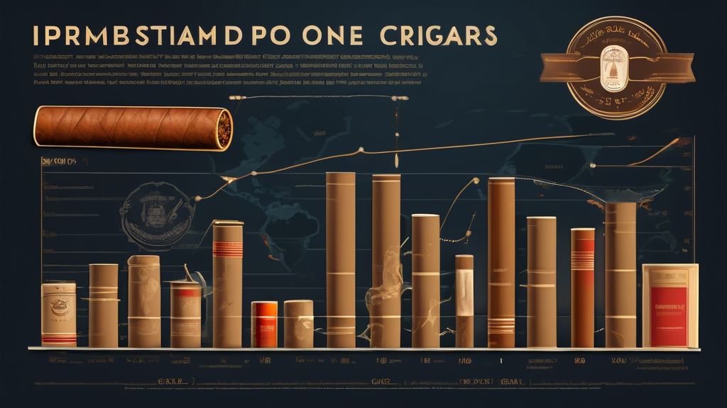 A detailed infographic depicting the steady import of premium cigars through April 2023, featuring a combination of charts and visuals. Show rows of luxurious cigars of different varieties being impor