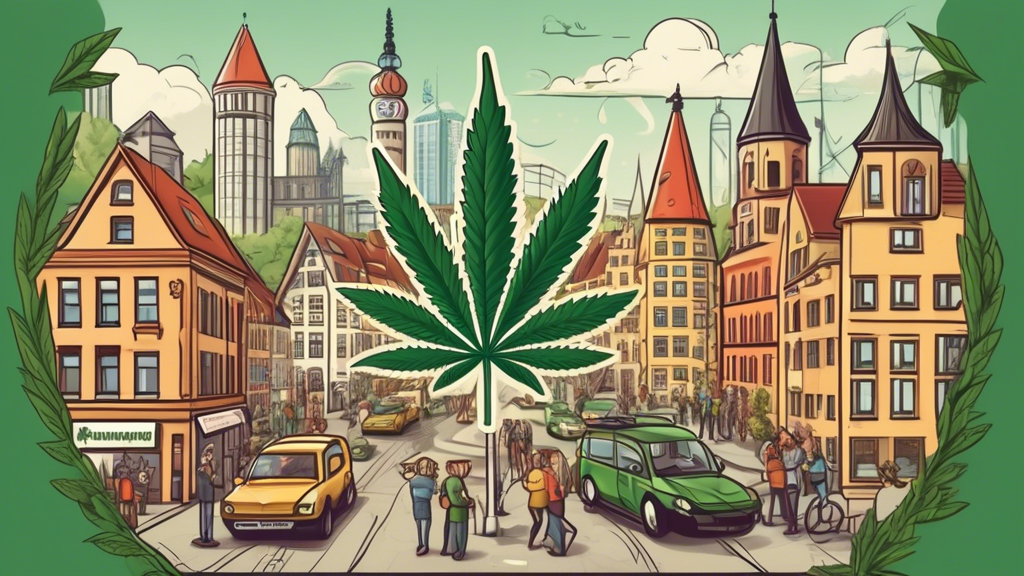 Create an image that portrays the current marijuana laws and emerging trends in Germany. The scene could feature a modern German cityscape with notable landmarks in the background. Some elements to in