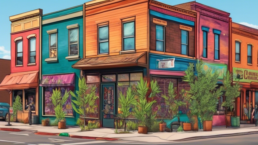 Create a scene depicting a Denver neighborhood with multiple cannabis dispensaries and related businesses lining the streets. The buildings should have colorful and vibrant signage but show signs of m