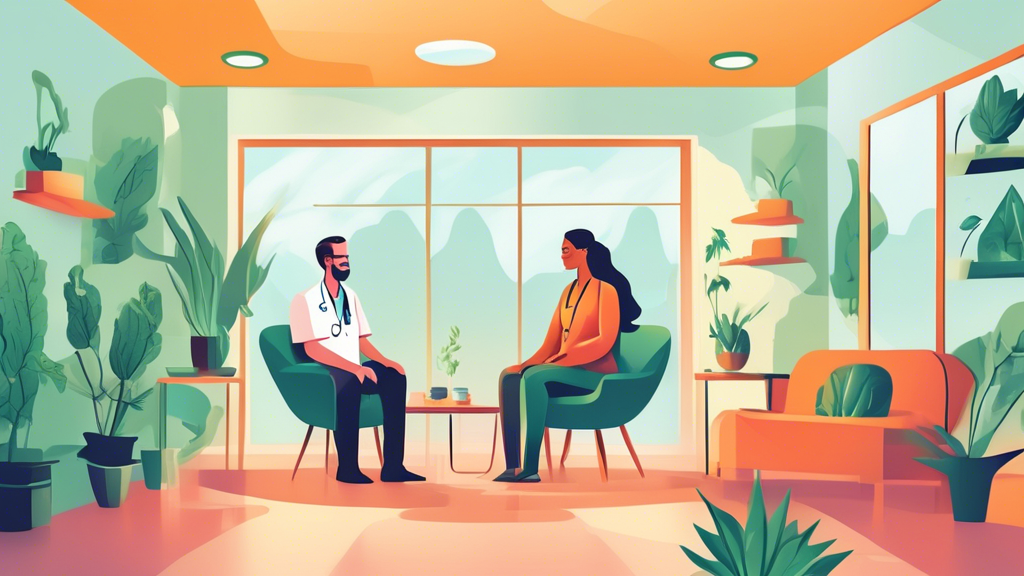 Create an image depicting a serene medical clinic with a compassionate doctor and a patient discussing treatments for marijuana use disorder, including therapy sessions, medications, and support group