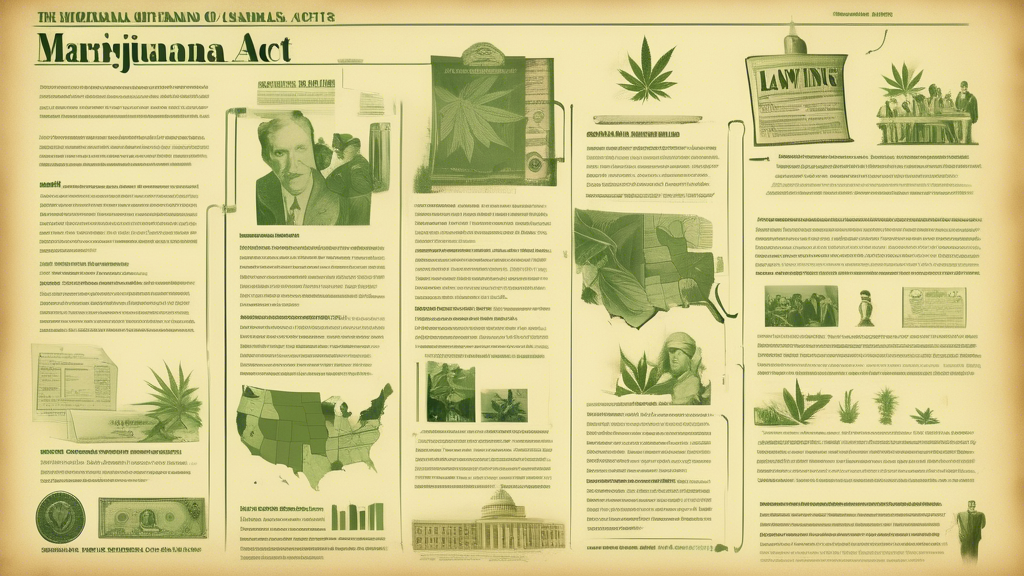 Create an image showing the historical impact of the Marijuana Tax Act on cannabis regulation. Illustrate a timeline starting from the 1930s, featuring key moments such as the introduction of the Act,