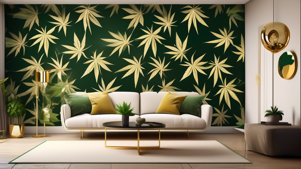 A modern living room with artistic and stylish marijuana-themed wallpaper. The design features elegant, abstract cannabis leaves in gold and green tones. The room is furnished with contemporary furnit