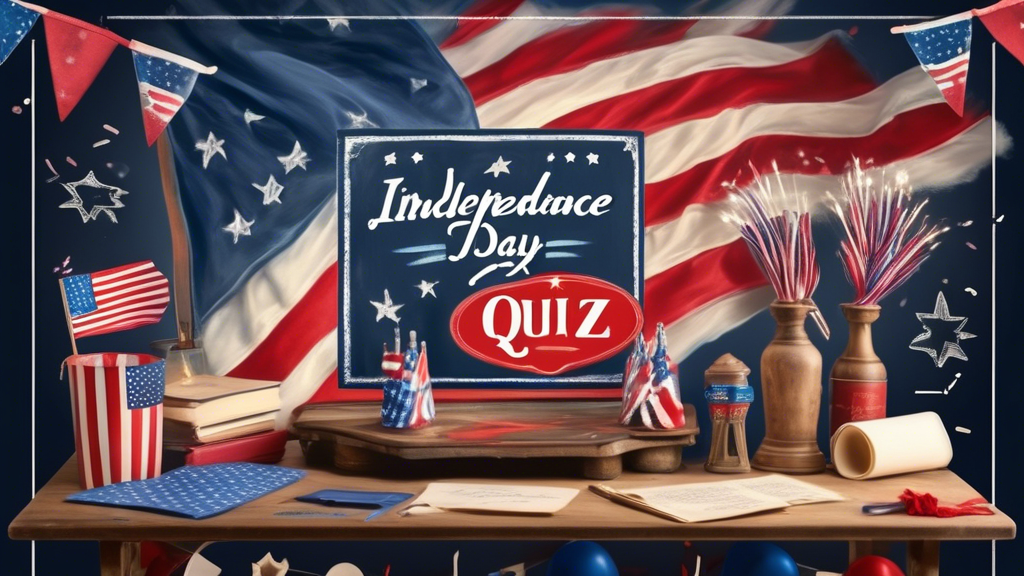 Create an image featuring a classic Americana-themed quiz setup. Display a large, vintage chalkboard with the title Independence Day History Quiz written in elegant chalk lettering. Surround the board