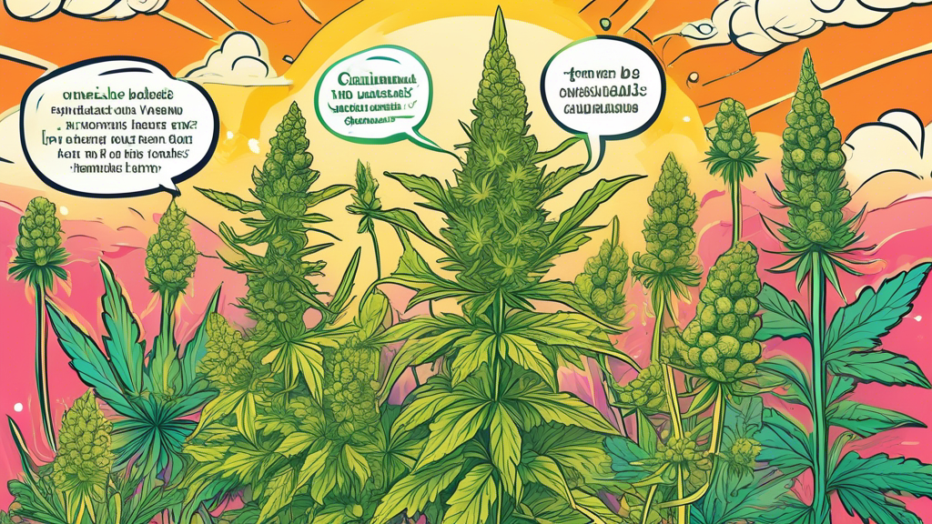 An illustrated encyclopedia page featuring an array of whimsical, cartoon-style cannabis plants with speech bubbles, each containing a unique and fun fact about cannabis, set against a backdrop of a sunny, vibrant garden.