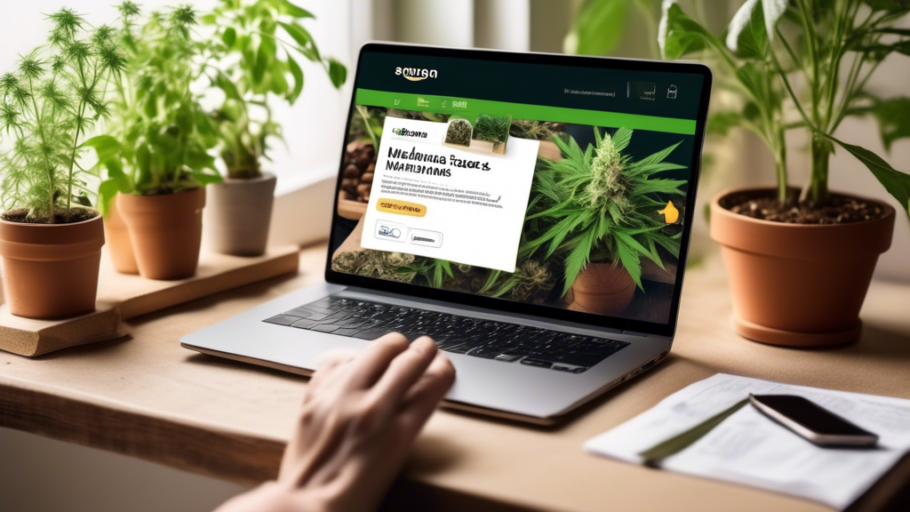 Create an image showing a person holding a smartphone or laptop with the Amazon website open. On the screen, there's a search bar with the text Marijuana Seeds typed in, and several seed packets with 