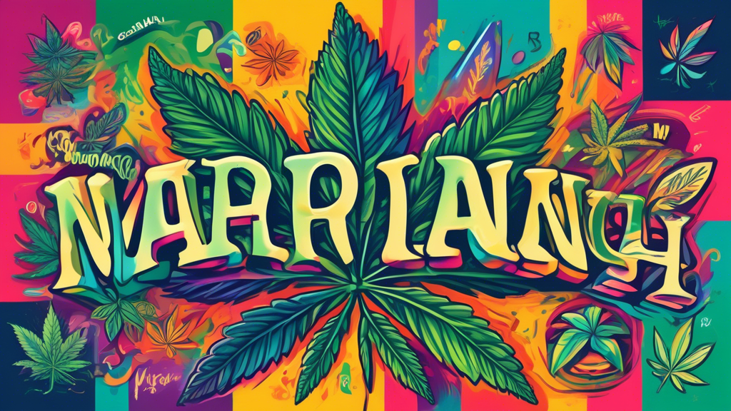 An artistic illustration of various common nicknames for marijuana, each written in a unique and colorful font, surrounding an image of a cannabis leaf. The background is a blend of vibrant colors, ev