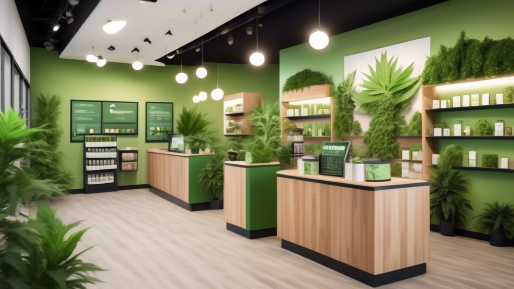 Create a vibrant and welcoming scene of a local marijuana dispensary situated in an urban neighborhood. The storefront should feature tasteful, modern design with soft green and earthy tones, clear di