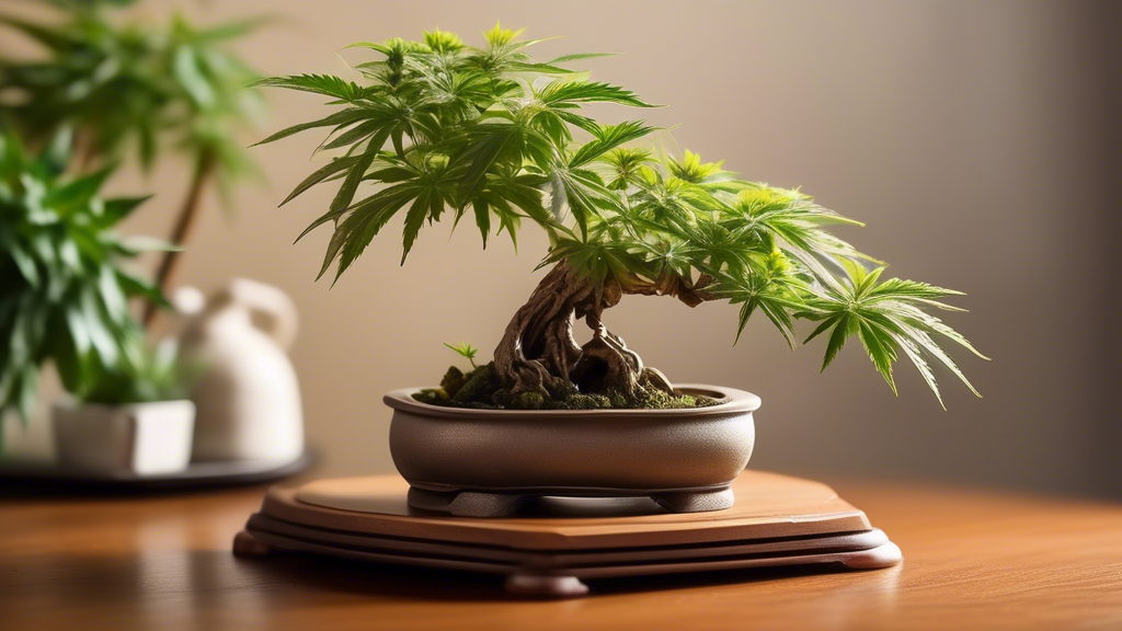 Create an image of a meticulously crafted miniature cannabis plant styled as a traditional bonsai tree. The setting should be serene and artistic, with the plant placed on an elegant wooden stand. Inc