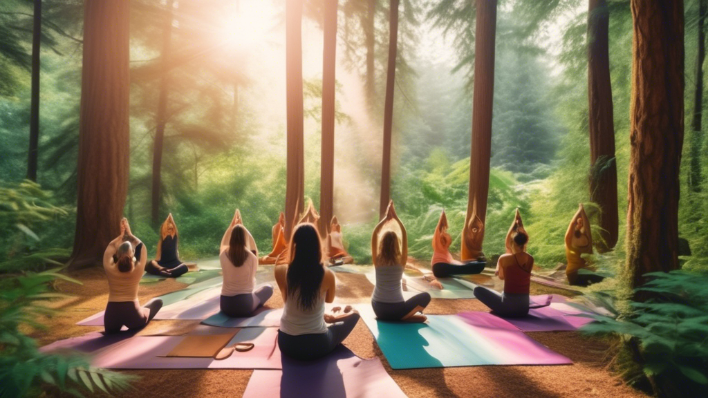 Create an image of a serene yoga retreat set in a lush, tranquil forest. Participants are practicing yoga on colorful mats, surrounded by nature. Some discreetly indulge in marijuana, perhaps through 