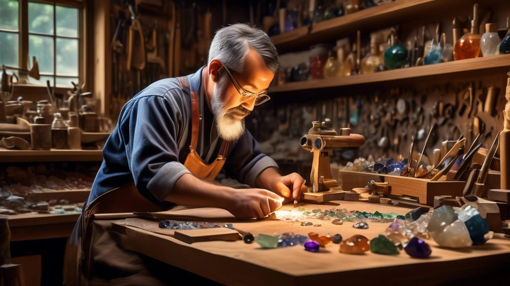 Create an intricately detailed image of a master gemstone cutter in their workshop. The scene should capture the artisan's concentration as they work meticulously on a rare, uncut gem, surrounded by a