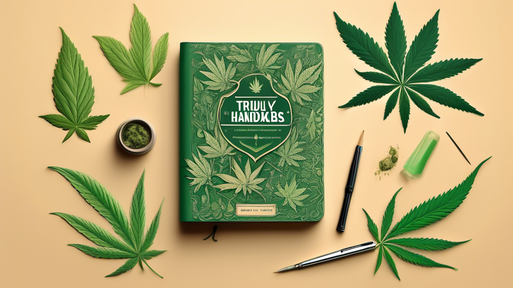 Create an image of a detailed and beautifully illustrated handbook titled A Truly Useful Handbook for Cannabis Use. The cover should showcase vibrant cannabis leaves artistically arranged around the t