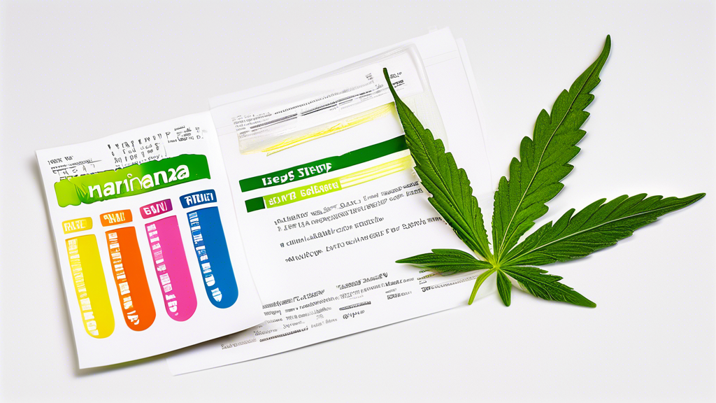 Create an image of a close-up view of marijuana test strips on a white background, with a guidebook open beside them. The guidebook features simple, easy-to-understand illustrations explaining how to 