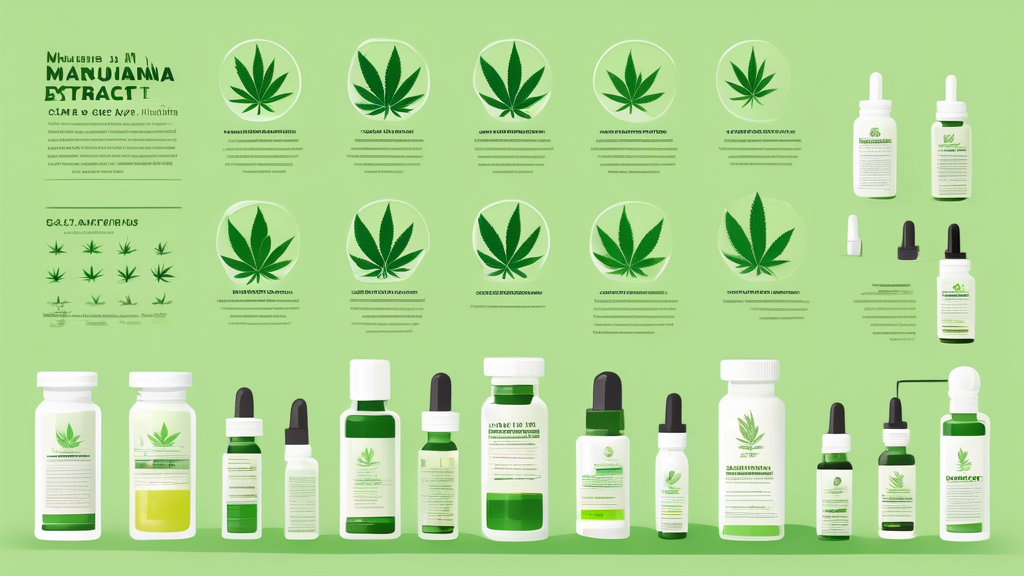 Create a detailed infographic showcasing the various benefits and uses of marijuana extract. Include visual representations of different forms of extracts such as oils, tinctures, and edibles, alongsi