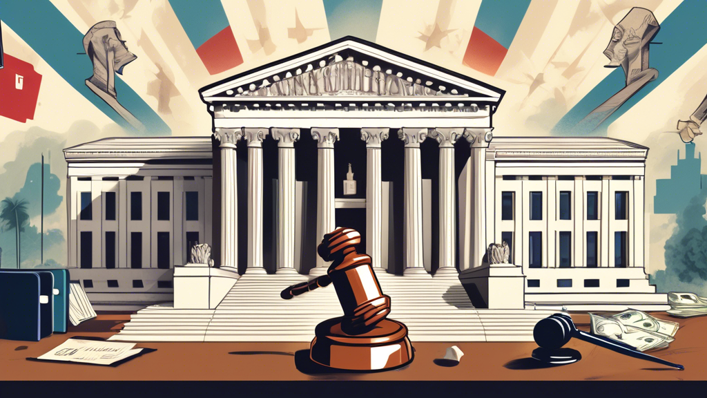 Create an image depicting a grand Supreme Court building with a gavel prominently in the foreground, labeled Chevron Decision. The gavel should appear broken or fractured, symbolizing the overturning 