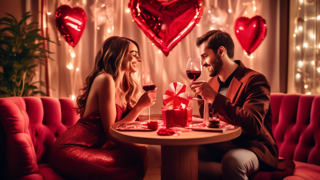 Create a vibrant and festive scene depicting a Valentine's Day celebration with a unique twist – incorporate elegant cannabis-themed decorations such as heart-shaped marijuana leaves, romantic cannabi