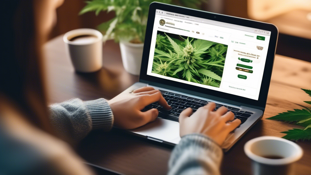 Create an image of a person using a laptop to order marijuana seeds online in Ohio. The background should feature a cozy home setting, with a coffee cup and a notepad on the desk. The laptop screen sh