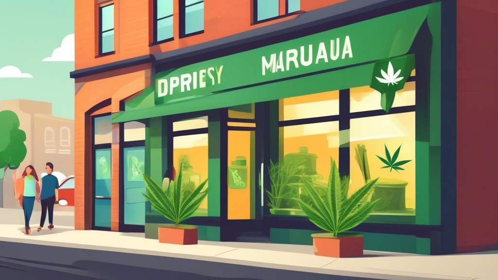 Create an image capturing the essence of finding a local marijuana dispensary. The scene should show a friendly, modern dispensary storefront on a bustling, sunny street. The dispensary should have a 